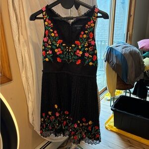 French Connection Black Mini Dress with Red, Pink and Yellow Floral Embroidery